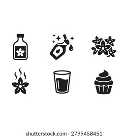 Vanilla extract bottle essential oil flower cupcake editable vector solid illustration