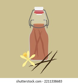 Vanilla extract in bottle. Natural vanilla spice. Exotic asian spice for dessert or parfum industry vector illustration.