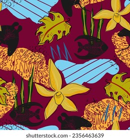 Vanilla, fish, spots. Flat illustration. Vector seamless pattern