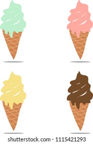 Vanilla flavor cone Strawberries and glaze with chocolate ice cream, candy bar set, vector illustrations