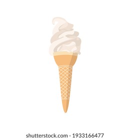 Vanilla flavor tasty ice cream in waffle cone, flat vector illustration isolated on white background. Creamy dairy dessert or frozen soft yogurt in cone.