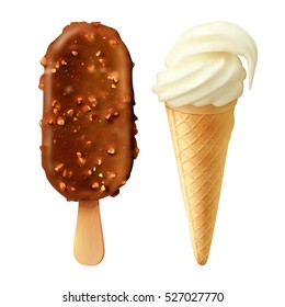 Vanilla flavored cone and coated with chocolate ice cream bar set realistic dessert snack food vector illustration 