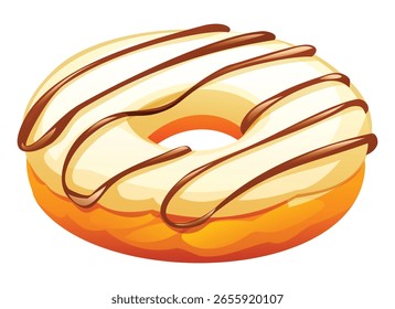 Vanilla flavored donut with white glaze and elegant chocolate drizzle on a white background. Vector cartoon illustration