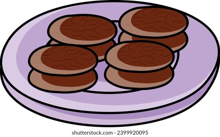 Concepto de galletas rellenas con sabor a vainilla, bizcochos de chocolate y crema de color vectorial, símbolo de comida rápida, signo de toma y salida de comidas, ilustración de material de tentempié para llevar