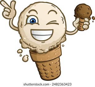 Vanilla flavored ice cream cone cartoon character pointing and winking and holding a blue chocolate flavored frozen treat on a hot summer day