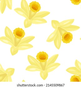 Fondo de flores de vainilla. Patrón ininterrumpido botánico con orquídeas amarillas. Ilustración plana vectorial.