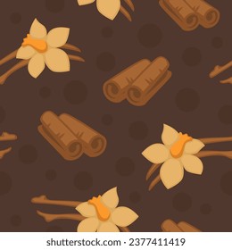 Vanilla flower and cinnamon stick, ingredients for adding flavor to dishes and meals. Natural and organic spices for preparing food. Seamless pattern, background or print. Vector in flat style