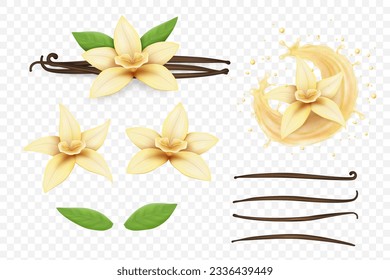Vanilla flower. Milk splash, bean, pods and sticks, realistic isolated on transparent background elements, flavour cream, perfume aroma, liquid drops. Food and cosmetics packaging. Vector set