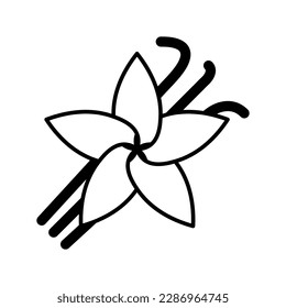 Vanilla flower with pods icon. Linear style herb and spice logotype. Black on white background silhouette symbol.
