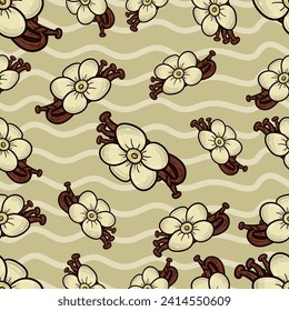 Vanilla Flower Seamless Pattern in Cartoon Style. Perfect For Background, Backdrop, Wallpaper and Cover Packaging. Vector Illustration.