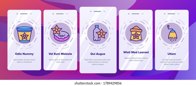 Vanilla Flower Spice Onboarding Mobile App Page Screen Vector. Vanilla Stick Spicy Ingredient For Ice Cream And Coffee, Donut And Drink, Bottle And Bag Illustrations