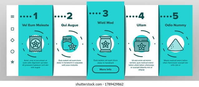 Vanilla Flower Spice Onboarding Mobile App Page Screen Vector. Vanilla Stick Spicy Ingredient For Ice Cream And Coffee, Donut And Drink, Bottle And Bag Illustrations