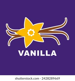 Vanilla flower sticker. Dried vanilla sticks. Abstract food cooking condiment vector illustration in purple, yellow. Aromatic ingredient for cooking and sweet baking. Flat trendy abstract style