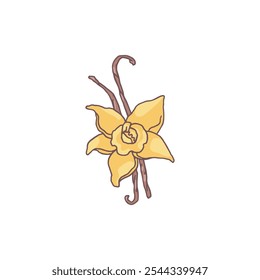 Vanilla flower and sticks flat icon. Natural fragrance, sweet essence, herbal flavoring, aromatic spice. Flower vanilla with dried pods vector illustration isolated on white background