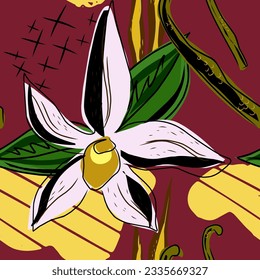 Vanilla, flowers and leaves. Vector seamless pattern. Stylized floral pattern. Hand-drawn illustrations in flat style.