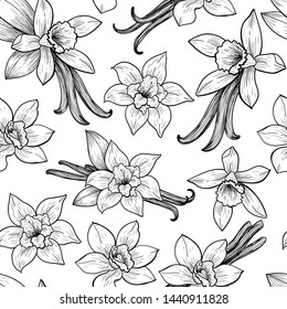 Vanilla flowers and pods. Vector seamless pattern. Vintage style