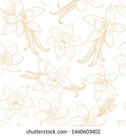 Vanilla flowers and pods. Vector seamless pattern. Vintage style