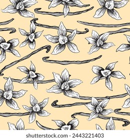 Vanilla flowers and pods. Vector seamless pattern. Vintage style. Hand drawn sketch engraving