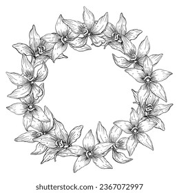 Vanilla Flowers Wreath. Hand drawn vector illustration of floral spice on isolated background. Round Frame in line art style. Floral border for icon or logo. Herbal sketch painted by black inks.