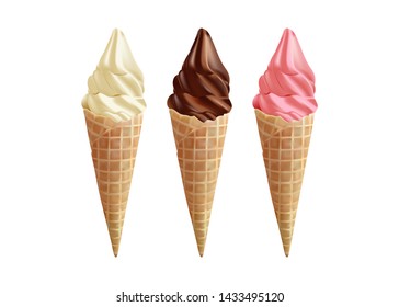 vanilla, fruit and chocolate   ice cream in the cone waffle on white background vector