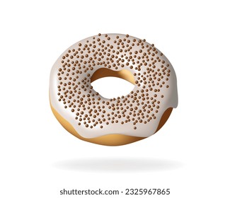 Vanilla glazed Donut with white topping and chocolate sprinkles. Bakery sweet pastry food donut dessert, icing cakes with decoration. Vector illustration isolated on white background.