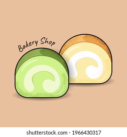 Vanilla and Green tea  roll cake.Vector flat design illustration colorful pieces of cake, Roll cake, Sweets, Dessert