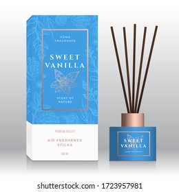 Vanilla Home Fragrance Sticks Abstract Vector Label Box Template. Hand Drawn Sketch Flowers, Leaves Background. Retro Typography. Room Perfume Packaging Design Layout. Realistic Mockup. Isolated.