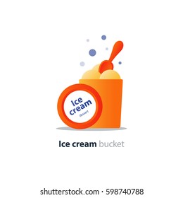 Vanilla ice cream bucket, opened cover with spoon, gelato portion, large size, vector flat design illustration icon