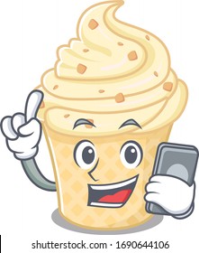 Vanilla ice cream cartoon character speaking on phone