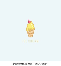 VAnilla  Ice cream with cherry. Summer dessert. Minimalistic Icon. Colored vector logo. Cartoon style, simple flat design. Trendy illustration. Icon is isolated on a blue background