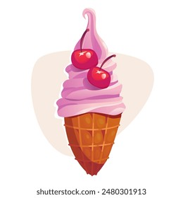 Vanilla Ice Cream with Cherry in Waffle Cone. Cartoon Vector Illustration of Summer Food.