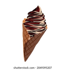 Vanilla ice cream with chocolate and berry toppings in waffle cone. Realistic vector illustration isolated on white background.
