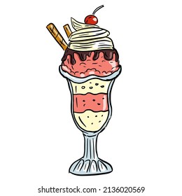 Vanilla ice cream with chocolate and cherry. Vector illustration