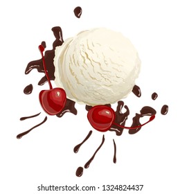 Vanilla ice cream with chocolate sauce and cherries white background, top view