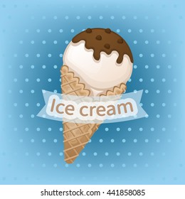 Vanilla ice cream with chocolate topping in a waffle cone. Delicious sweet ice cream with chocolate sprinkles. Ice cream emblems badges labels. Vector illustration.