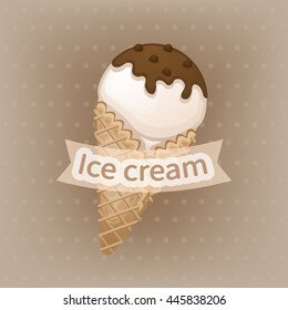 Vanilla ice cream with chocolate topping in a waffle cone. Delicious sweet ice cream with chocolate sprinkles. Ice cream emblems badges labels. Vector illustration.