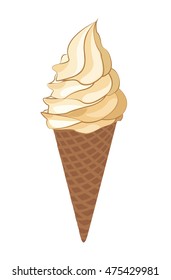 Vanilla Ice Cream Cone. Creme Brulee Ice Cream Cone cornet. Soft serve ice cream in a wafer cone  Vector Ice Cream Cone Illustration. 