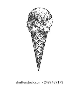 Cono de helado de vainilla dibujado a mano. Fresa de chocolate, gofre de cucharada, postre helado de vainilla congelado cono de Vector sketch. ilustración negra aislada