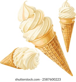 Vanilla Ice Cream Cone Illustrations Isolated on a White Background