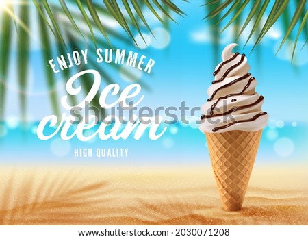 Vanilla ice cream cone on palm beach. Vector ad poster with realistic 3d icecream in waffle cup with chocolate topping stuck in sand with palm tree branch shadow on blurred seascape summer background