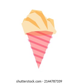 Vanilla Ice Cream Cone, Pink Waffle Vector Illustration. Multi-layered Overprint Artwork Of Fresh Icecream.