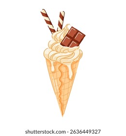 Vanilla ice cream cone with swirled creamy texture with chocolate bar and wafer sticks in cartoon style. Refreshing summer dessert perfect for sweet theme, fruit concept and colorful food illustration