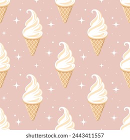 Vanilla ice cream cone vector seamless pattern. Beige and white cartoon ice cream on pink background.