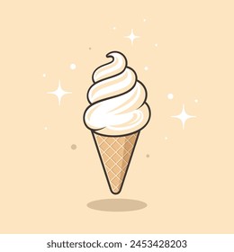 Vanilla ice cream cone vector flat illustration. White ice cream with black outline on beige background.