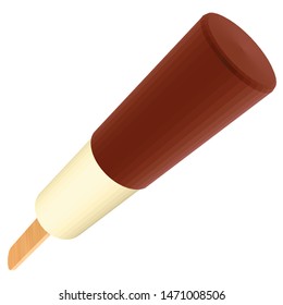 Vanilla Ice Cream Covered with Chocolate Isolated on White Background. Ice Cream on Wooden Stick in Perspective. Low Poly Realistic Vector Illustration.