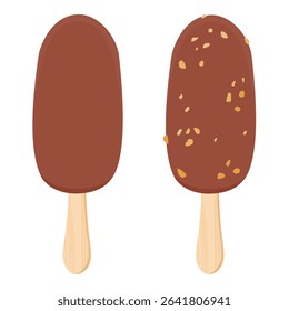 Vanilla ice cream with crunchy chocolate topping on wooden stick isolated on white background. Chocolate popsicle eskimo with nut pieces. Vector illustration