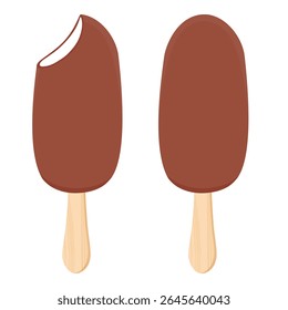 Vanilla ice cream with crunchy chocolate topping on wooden stick isolated on white background. Brown bitten chocolate popsicle eskimo. Vector illustration