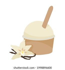 Vanilla Ice cream in a cup. A paper container. Summer menu. Outline vector illustration on a white background.