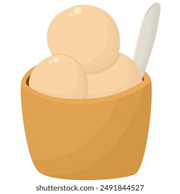 vanilla ice cream cup with spoon, vanilla flavor, vanilla ice cream three scoops, cup takeaway