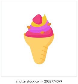 Vanilla ice cream flat icon. Delicious dessert. Tasty frozen ice in waffle bowl with nuts. Summer sweets. Color vector illustration